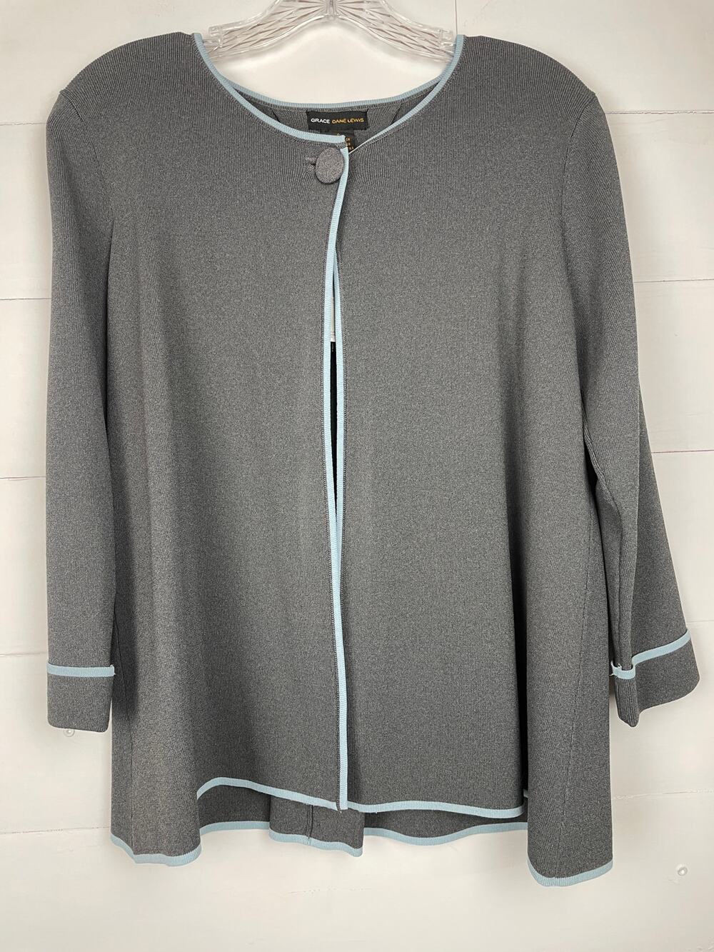 NWT Grace Dane Lewis Gray Knit Jacket Blue Piping Trim Professional Size S